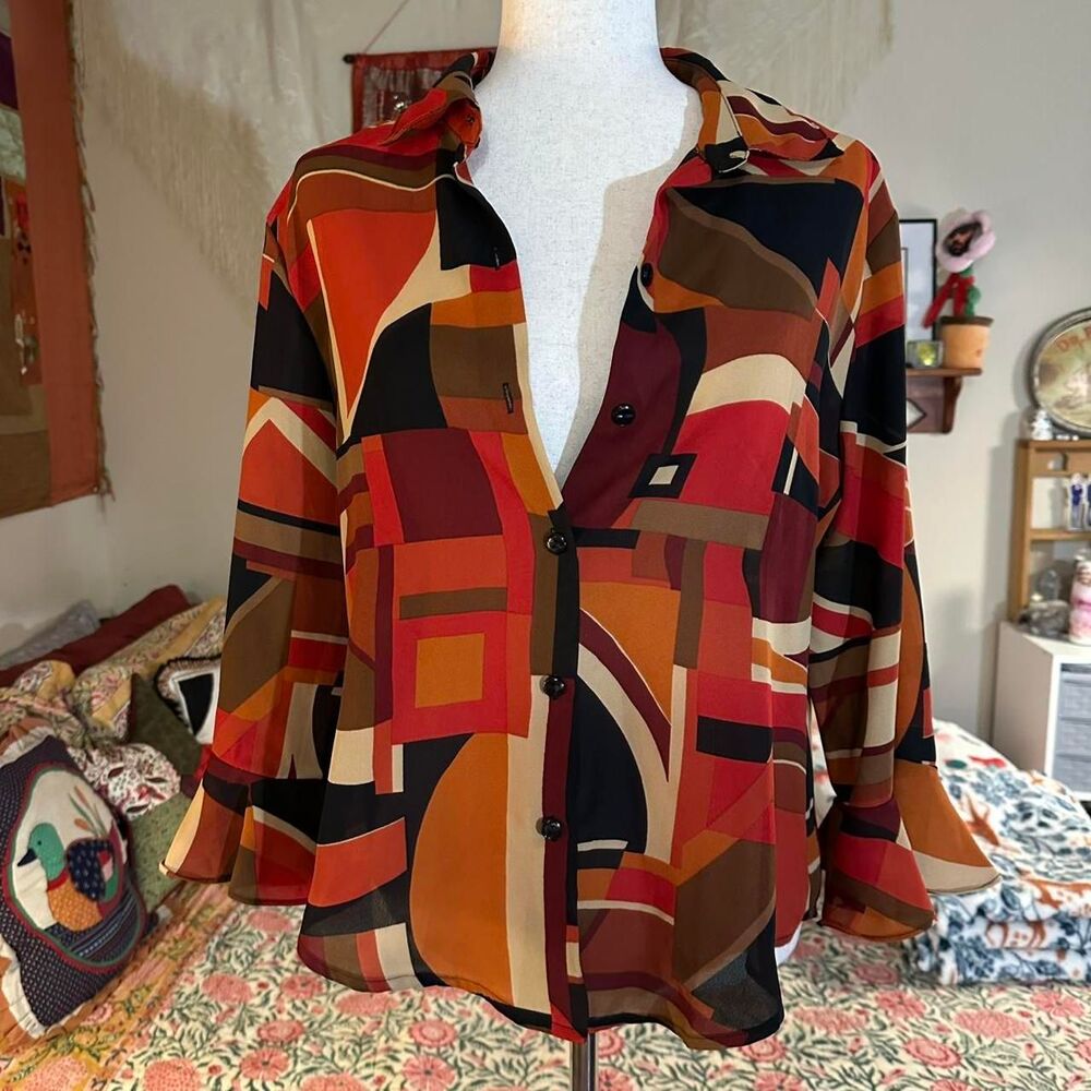 Michele Michelle 90s Retro Geometric Print Button Up Blouse